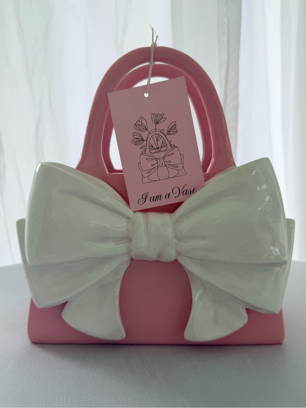 Pink Mini Tote Vase with White Bow Accent - Ceramic
